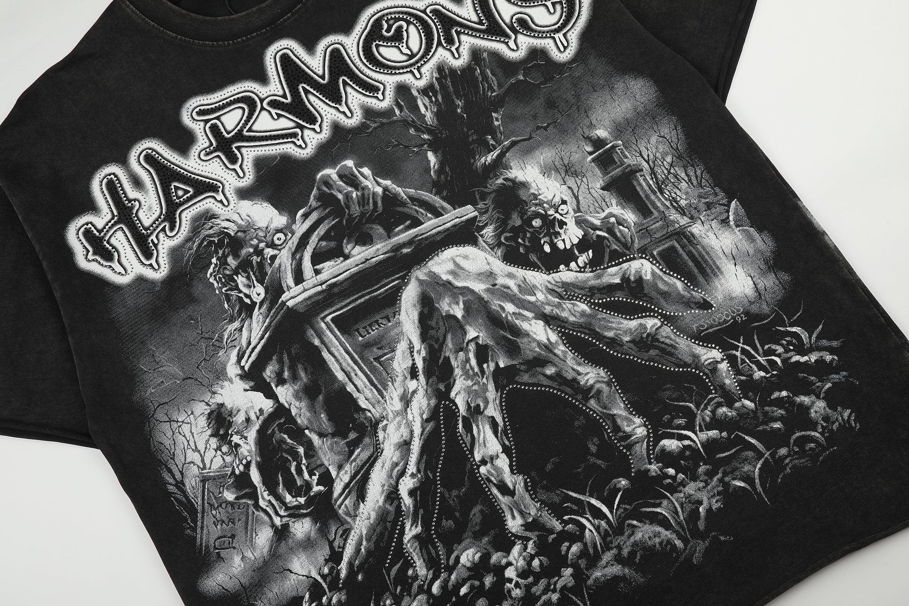 HARMONY Washed Black Rhinestone Graphic T-Shirt — detail