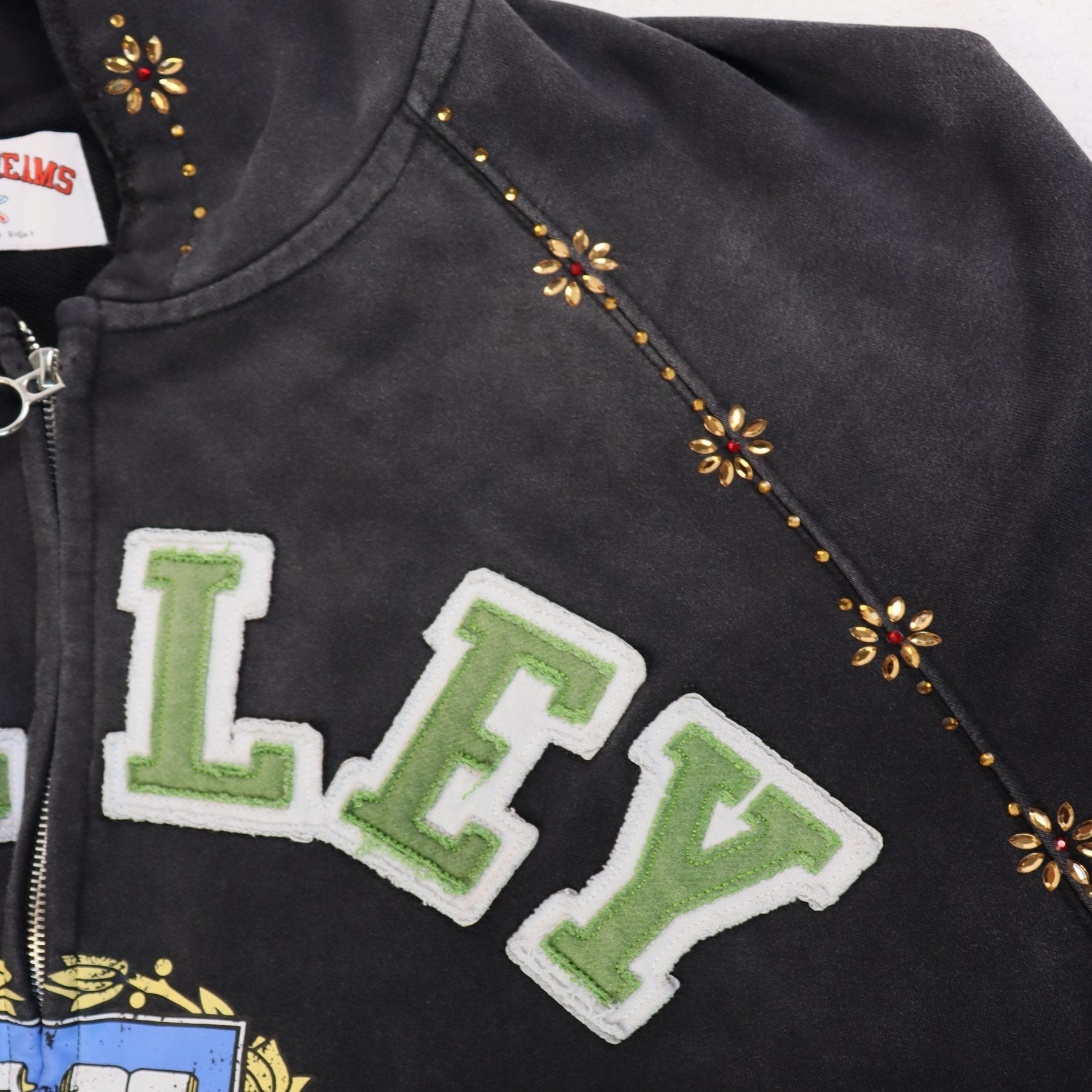 Valley Dreams Varsity Crest Washed Black Zip Hoodie — detail