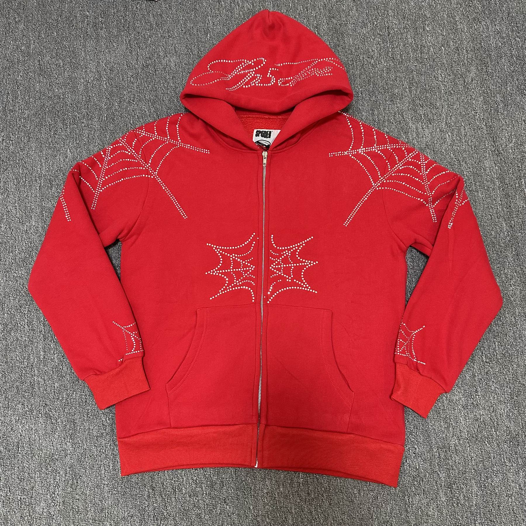 Sp5der Rhinestone Spiderweb Zip Hoodie & Pants Matching Set — front