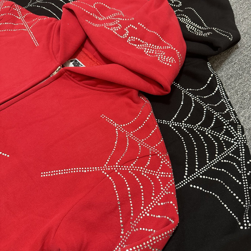 Sp5der Rhinestone Spiderweb Zip Hoodie & Pants Matching Set — detail