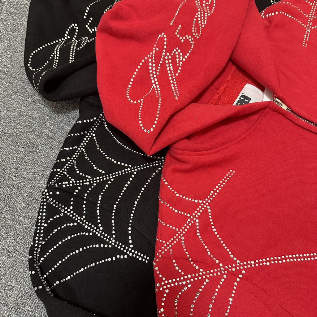 Sp5der Rhinestone Spiderweb Zip Hoodie & Pants Matching Set — detail