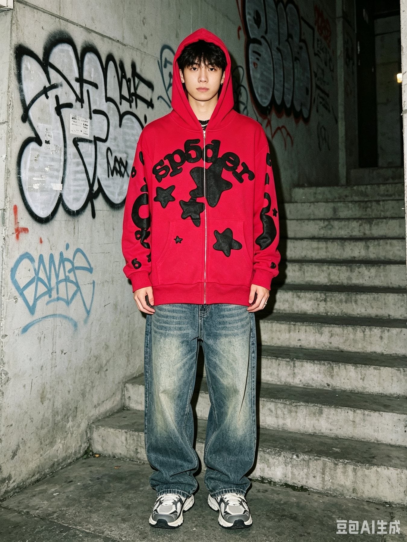 Sp5der Red Graphic Zip Hoodie — context