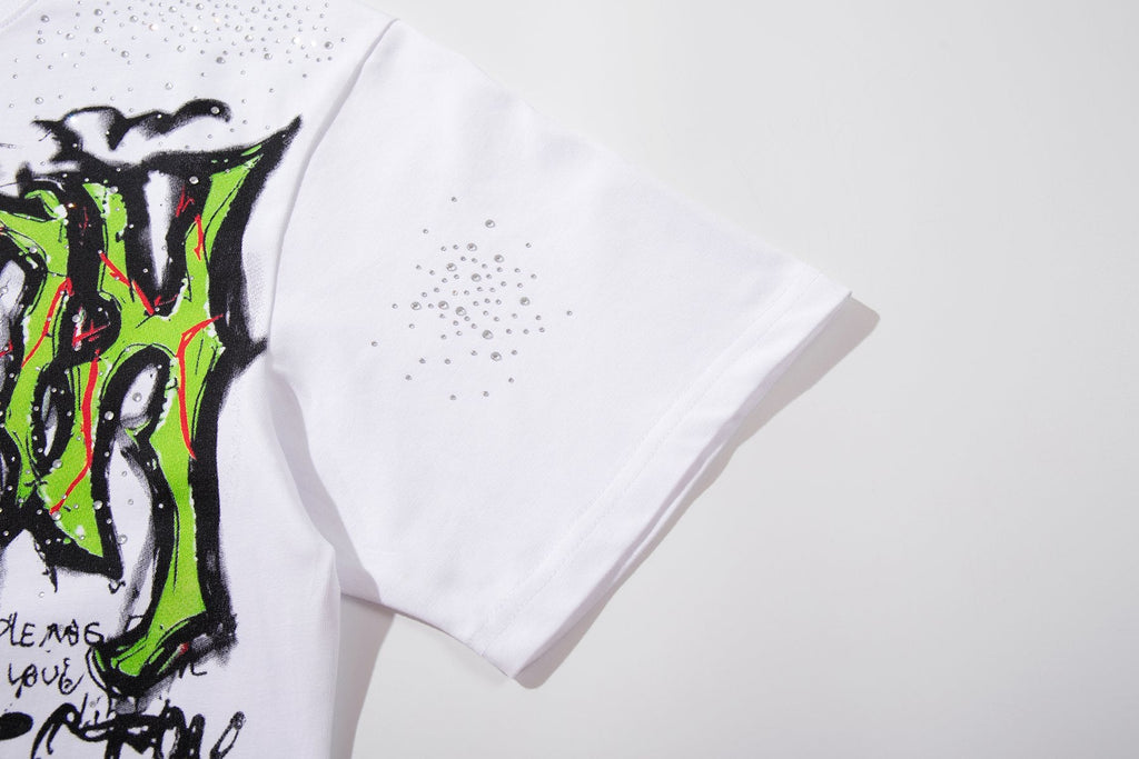 MAJESTIK Distressed Rhinestone Graphic Short-Sleeve T-Shirt — detail