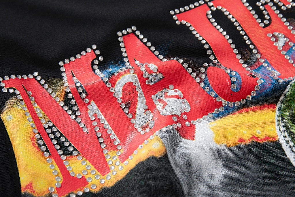 MAJESTIK Distressed Rhinestone Graphic T-Shirt — detail