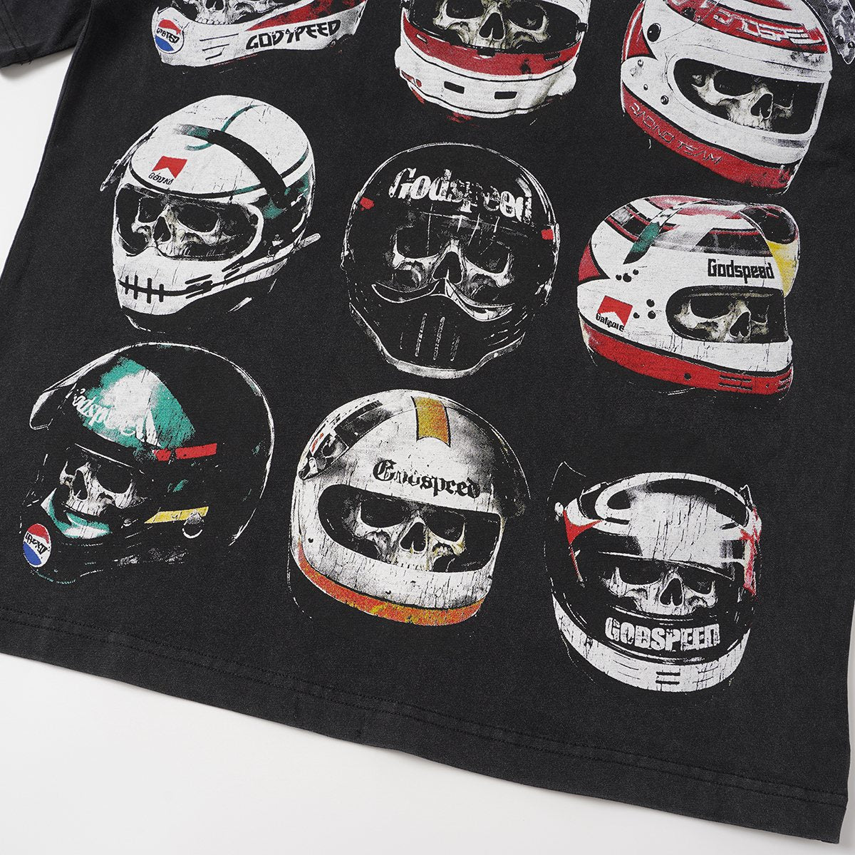 Godspeed Out of Many One Racing Helmet Graphic T-Shirt — detail
