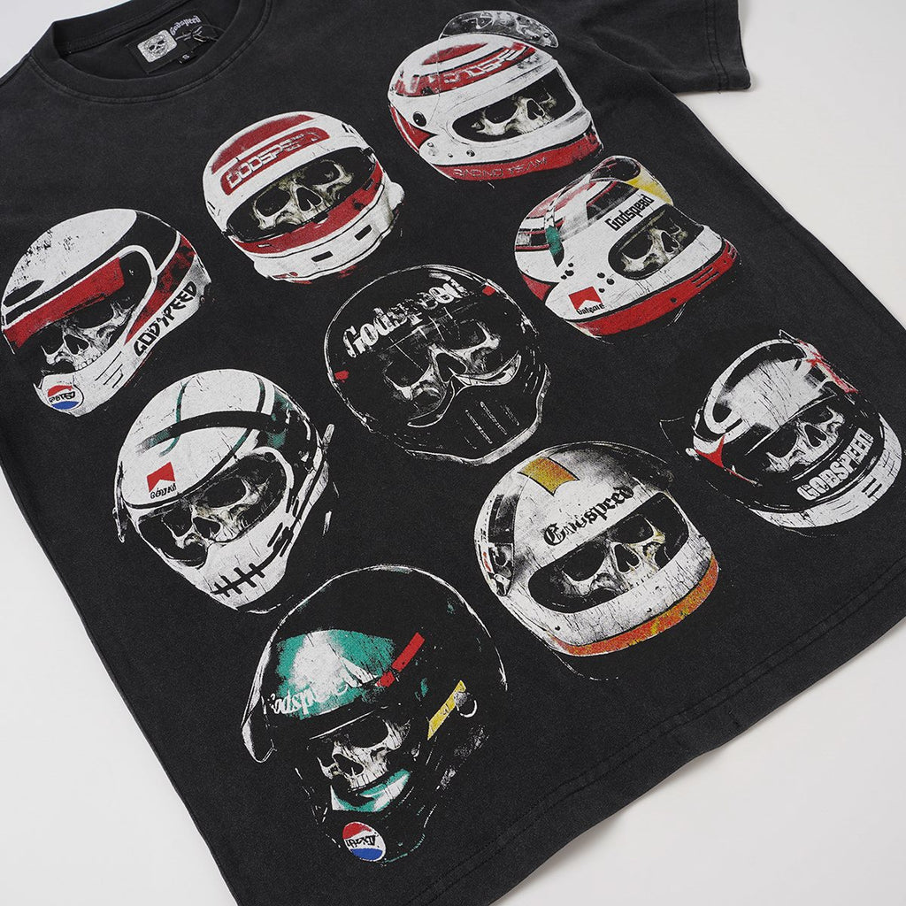 Godspeed Out of Many One Racing Helmet Graphic T-Shirt — detail