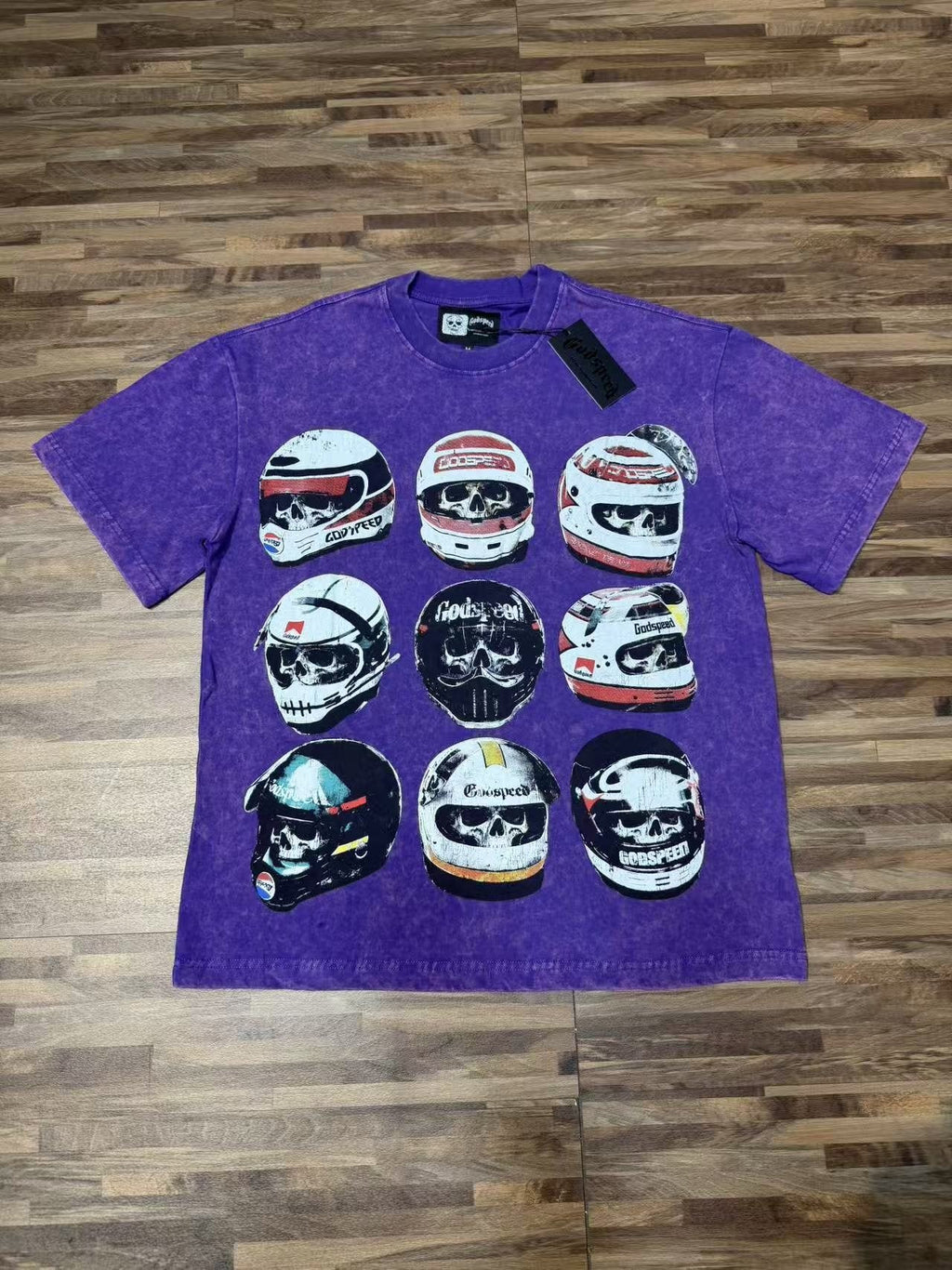 Godspeed Out of Many One Racing Helmet Graphic T-Shirt — front