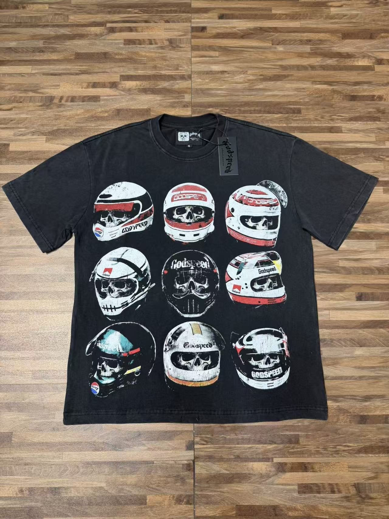 Godspeed Out of Many One Racing Helmet Graphic T-Shirt — front