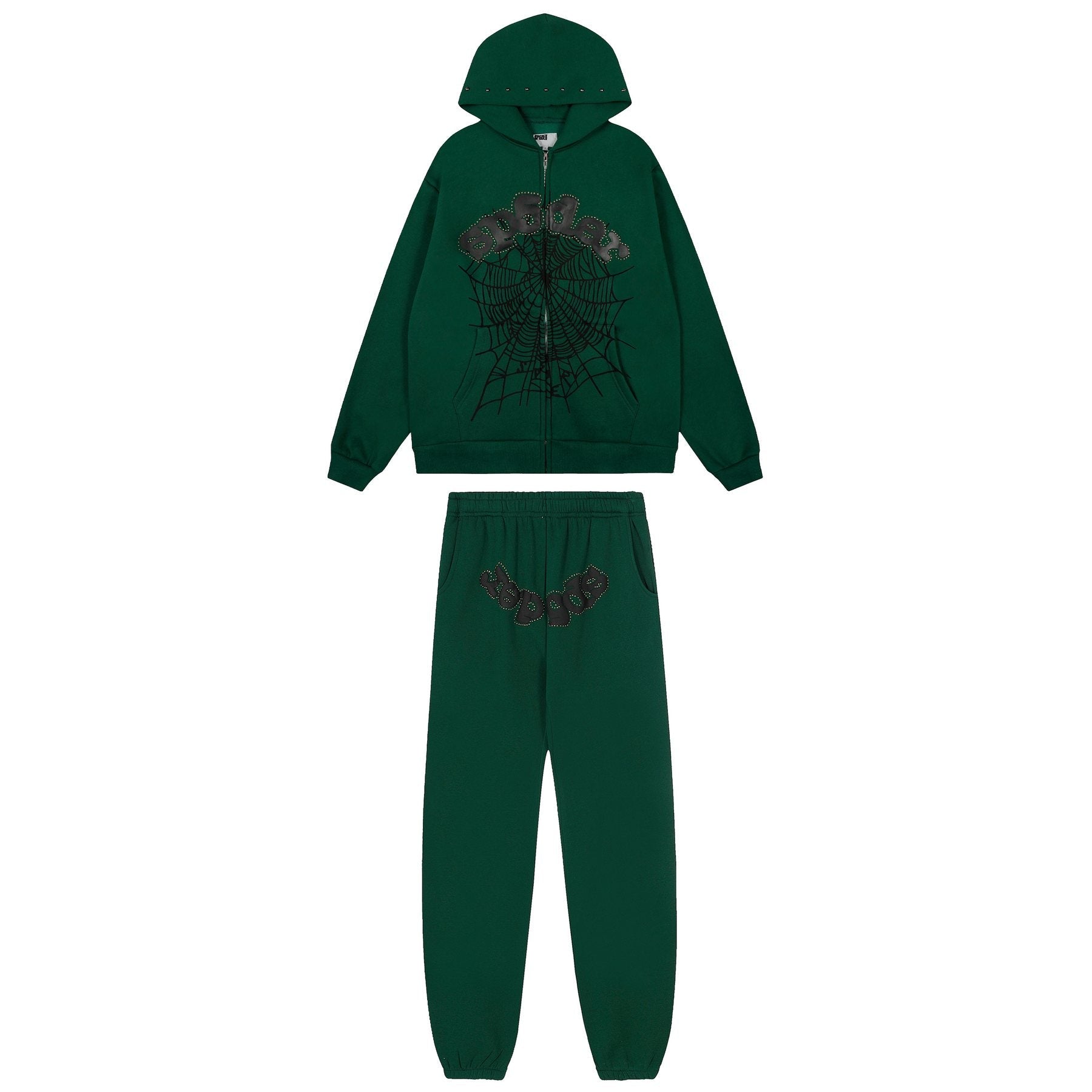 Sp5der Spiderweb Graphic Zip Hoodie & Sweatpants Matching Set — front