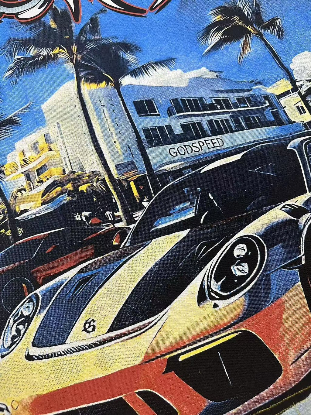 Godspeed Eye Sun Car Palm Graphic T-Shirt — detail