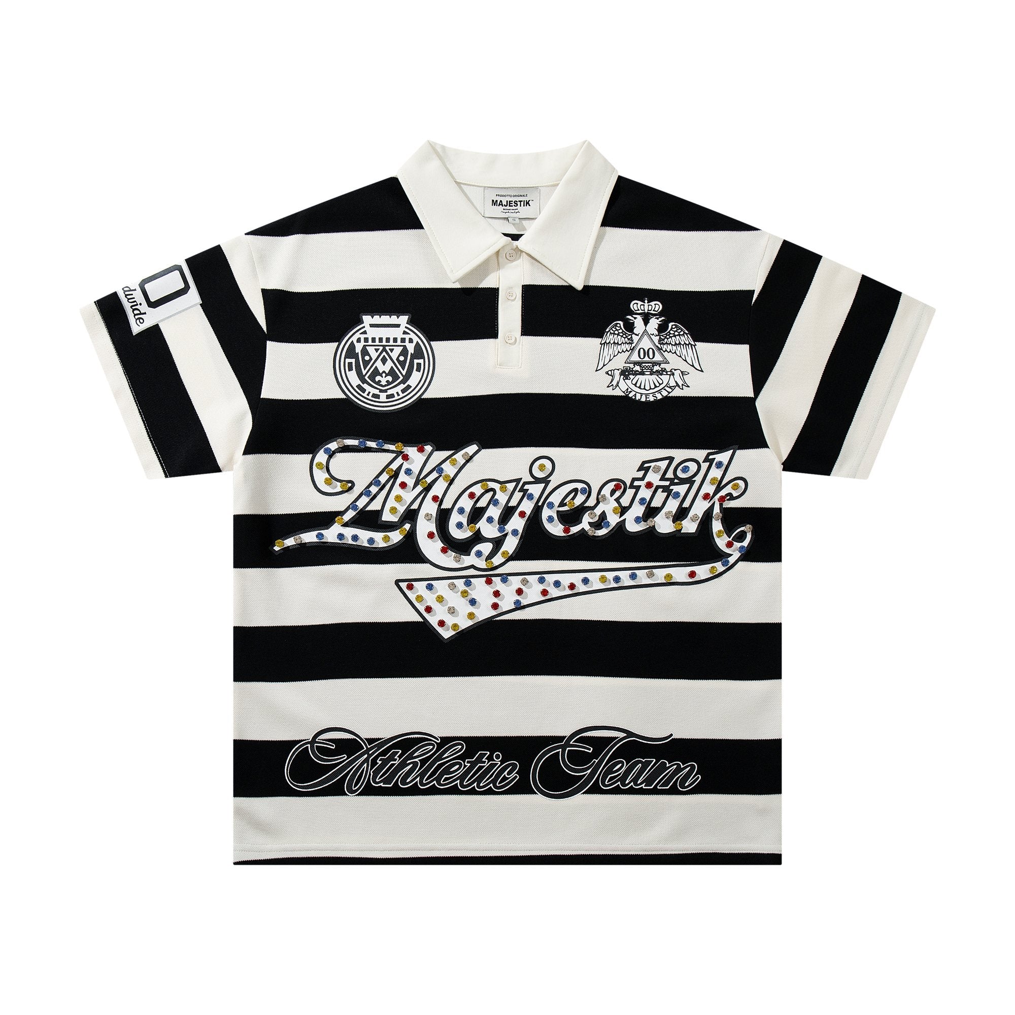MAJESTIK Striped Crest Graphic Polo Shirt — hero