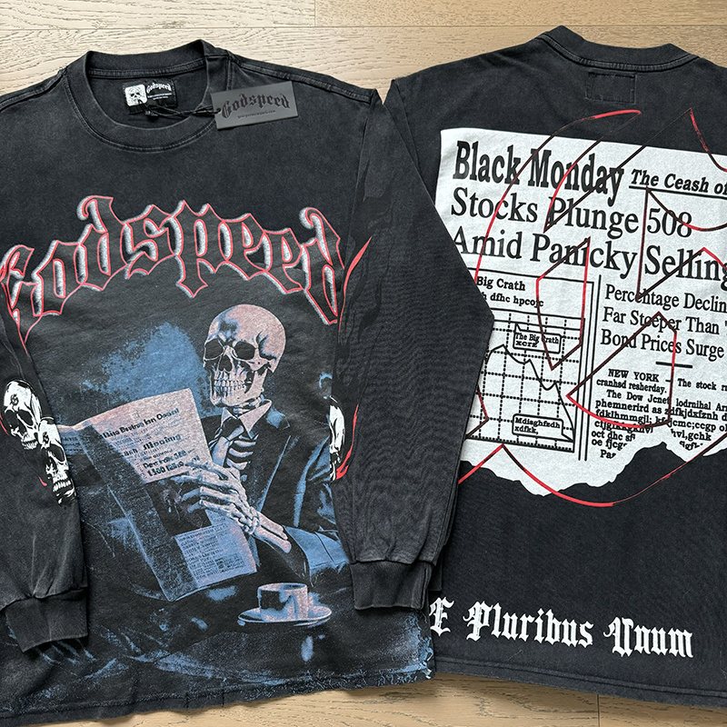 Godspeed Black Monday Skeleton Newspaper Long-Sleeve T-Shirt — context