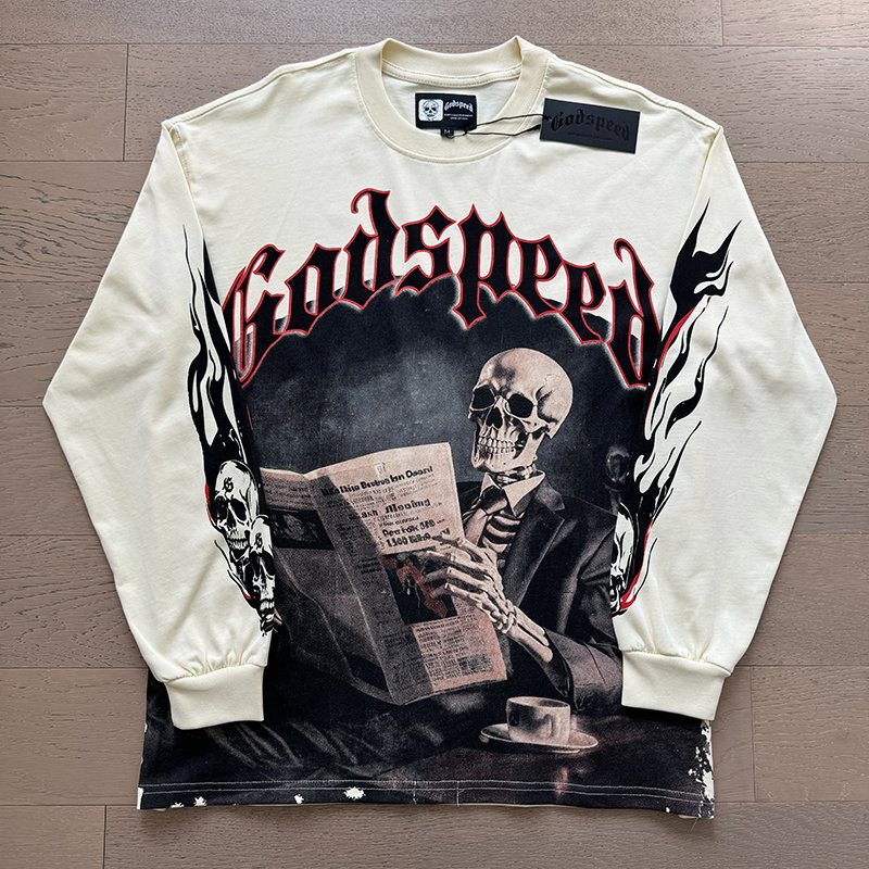 Godspeed Black Monday Skeleton Newspaper Long-Sleeve T-Shirt — front