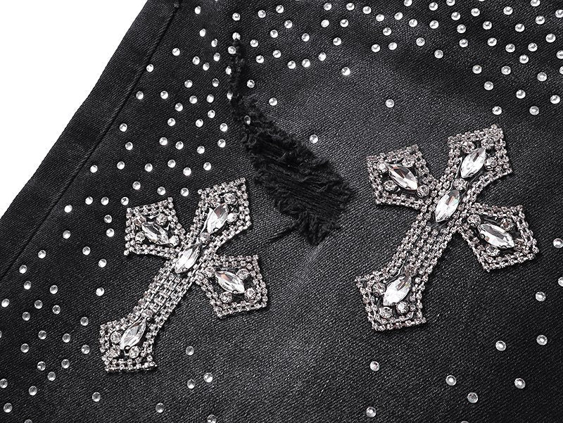 Purple Brand Rhinestone Cross Denim Shorts — detail