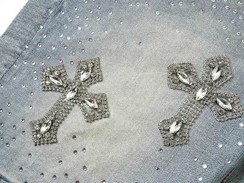 Purple Brand Rhinestone Cross Denim Shorts — detail