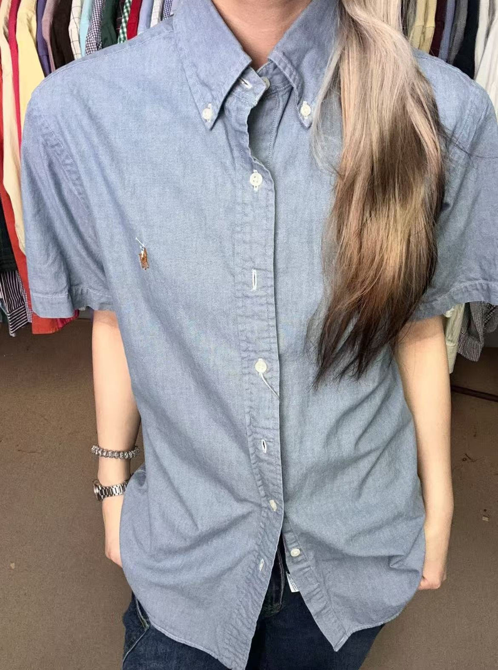 Test2-Ralph Lauren Slub Denim Short-Sleeve Button-Up Shirt — model
